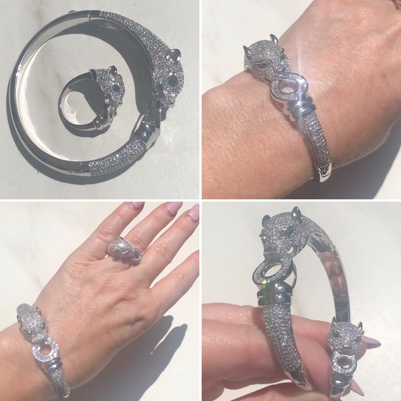 Silver Panther Swarovski Crystal Bracelet Ring Set - Picture 2 of 7
